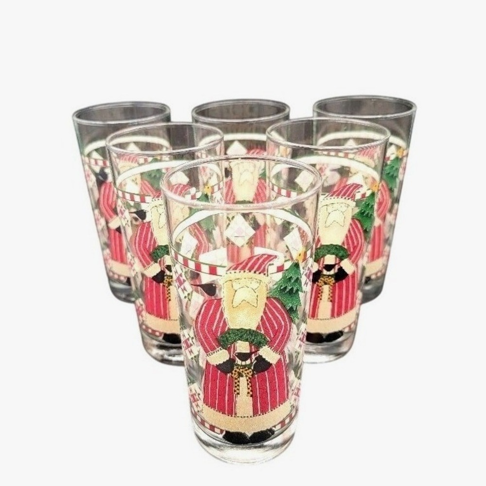 Vintage Santa Christmas Glasses, Libbey,Set 6, Debbie Mumm Oneida Glassware